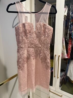 BCBGMaxAzria Blush Pink Lace Midi Dress with Illusion Yoke